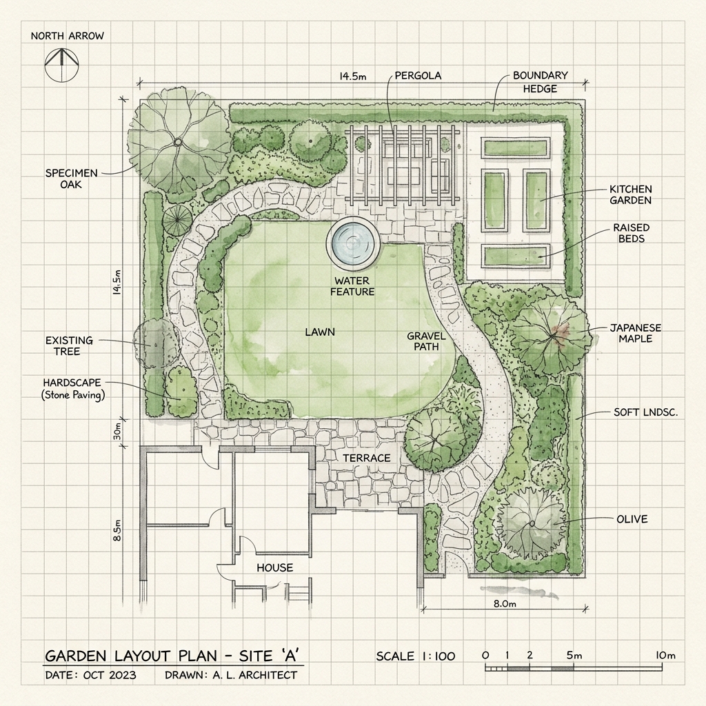 Landscape design masterplan sketch blueprint drawing by Hornbill Landscaping