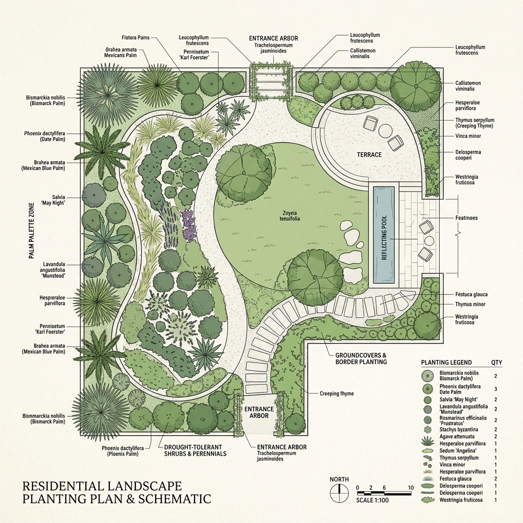 Landscape planting design and strategy detail blueprint by Hornbill Landscaping