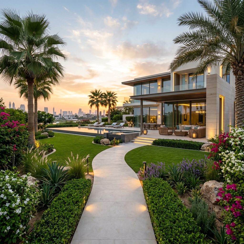 Newly planted villa garden with climate-adapted trees and shrubs by Hornbill Landscaping in Dubai