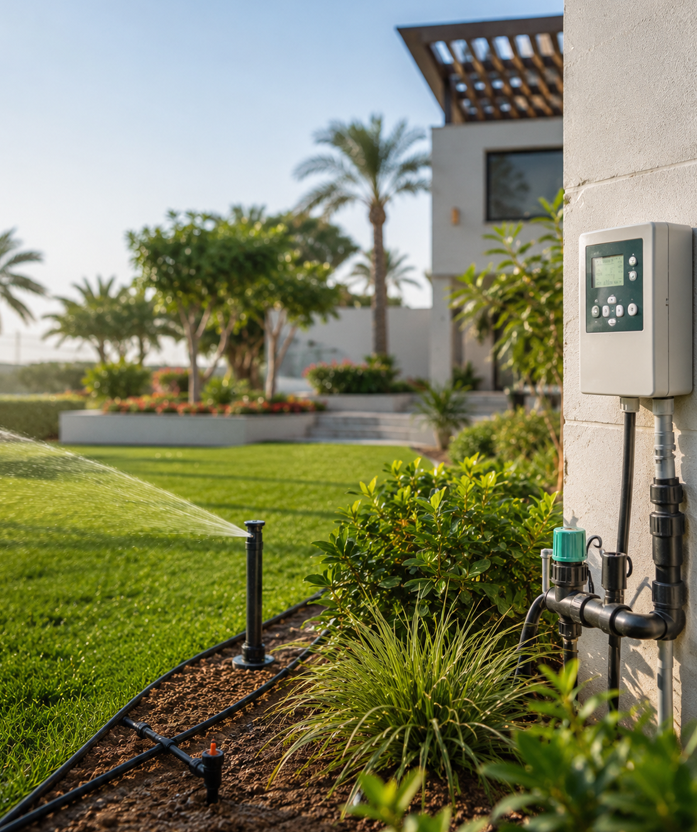 Smart irrigation controller and zone wiring installed by Hornbill Landscaping in Dubai