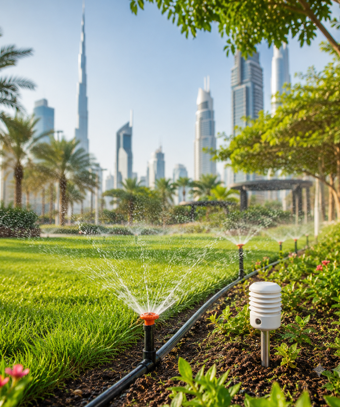 Irrigation system installed in a Dubai villa garden by Hornbill Landscaping
