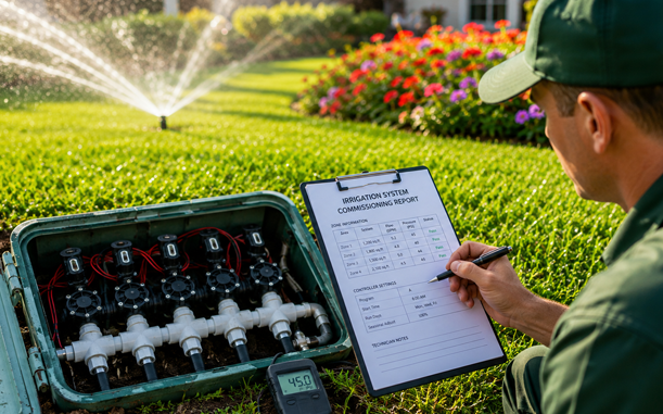 Irrigation system commissioning and flow testing