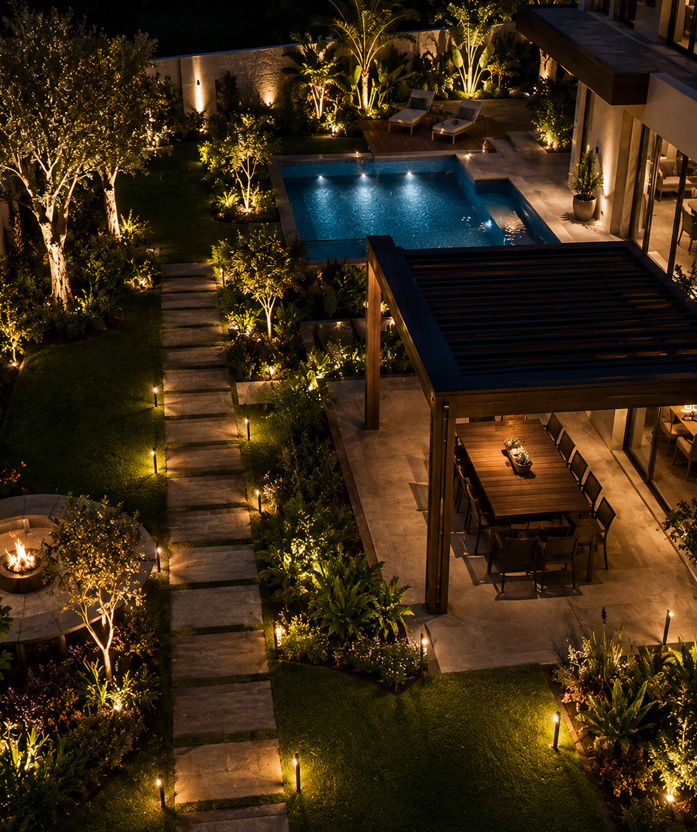 Garden lighting design plan for a Dubai villa by Hornbill Landscaping