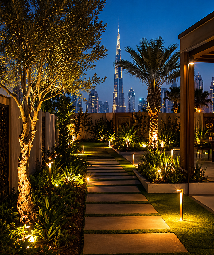 Outdoor garden lighting at a Dubai villa by Hornbill Landscaping