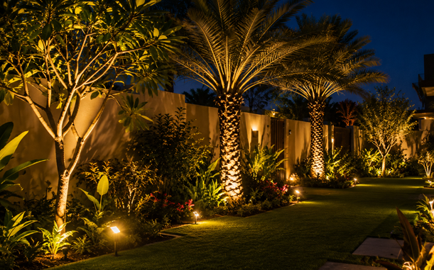 LED uplighting on trees and planting in Dubai