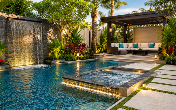 Pool-integrated water feature and cascade at a Dubai villa