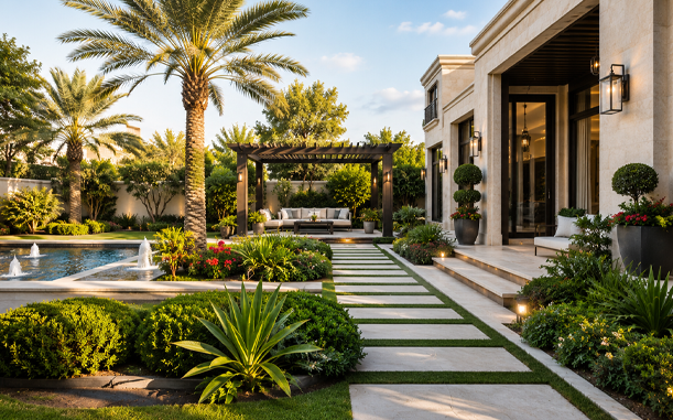 Garden fountain installed in a Dubai private villa