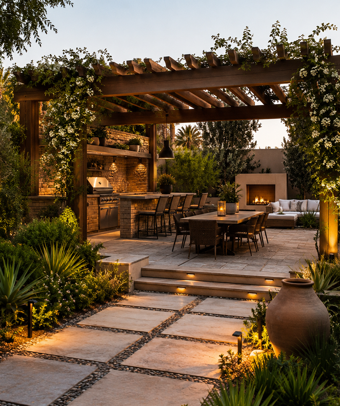Newly constructed villa garden with custom hardscaping and pergolas in Dubai
