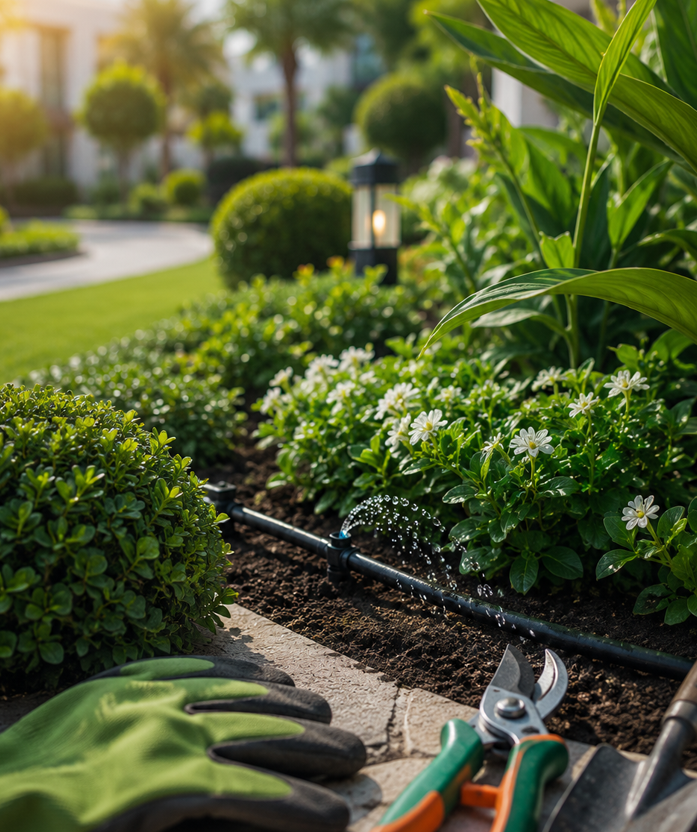 Lawn mowing and aftercare service for a landscaped garden in Dubai