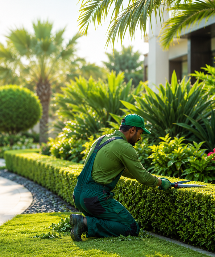 Garden maintenance team pruning and caring for a Dubai villa landscape
