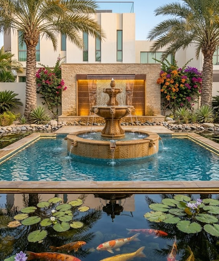 Custom garden fountain installed in a Dubai villa courtyard by Hornbill Landscaping