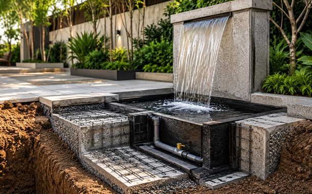 Reinforced concrete basin construction for a garden water feature